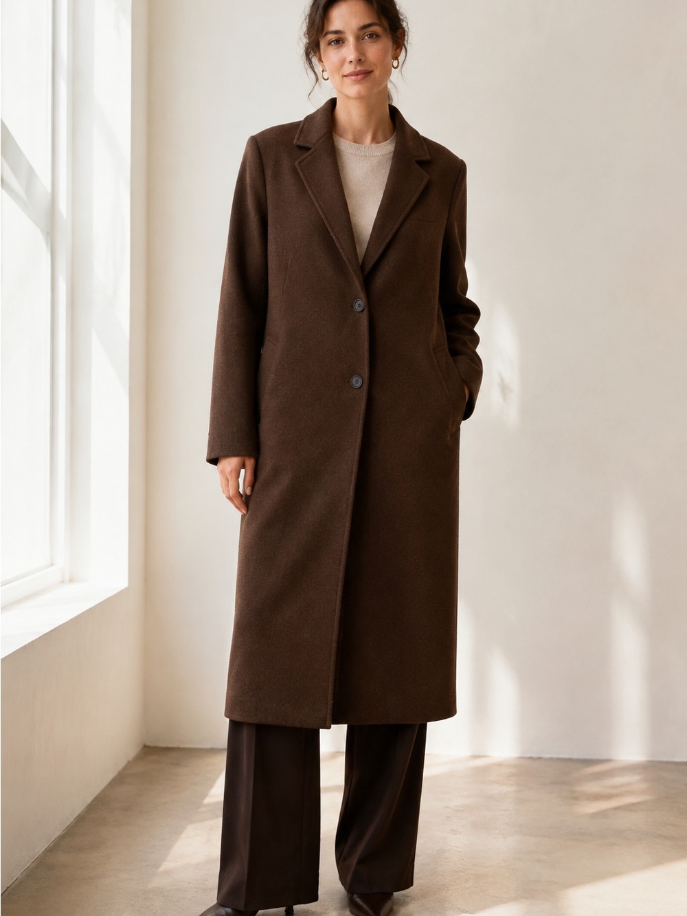 Commense Women's Long Brown Single-Breasted Coat